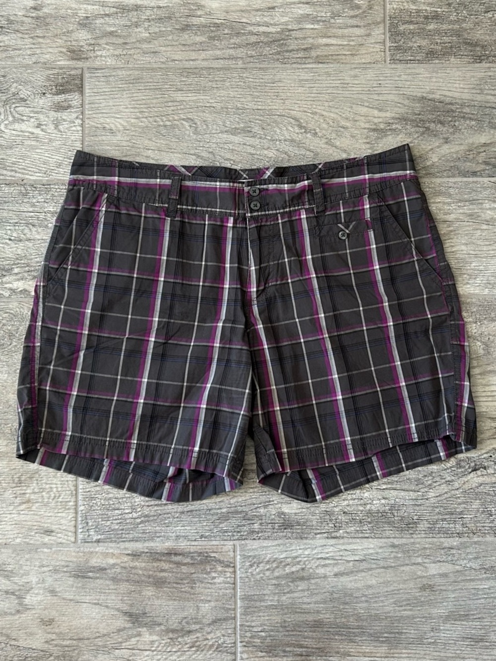 Women’s Dark Gray Plaid Bermuda Shorts with Purple Stripe